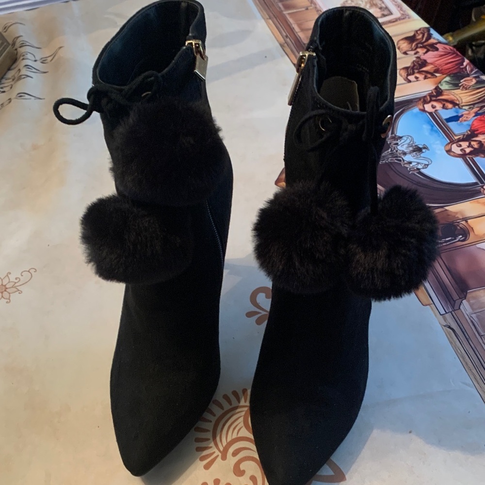 Rouge Helium Black Heeled Boots with Pom Poms